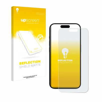 Face avant d’un emballage produit avec le logo de la marque upscreen. À côté, l’appareil Apple iPhone 15 Pro Max est représent