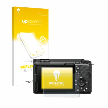 Face avant d’un emballage produit avec le logo de la marque upscreen. À côté, l’appareil Sony Alpha ZV-E1 est représenté avec