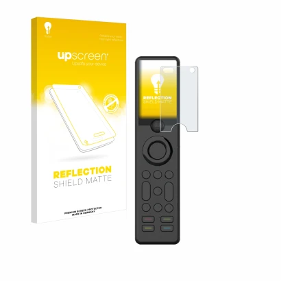 Face avant d’un emballage produit avec le logo de la marque upscreen. À côté, l’appareil Sofabaton X1 est représenté avec la p