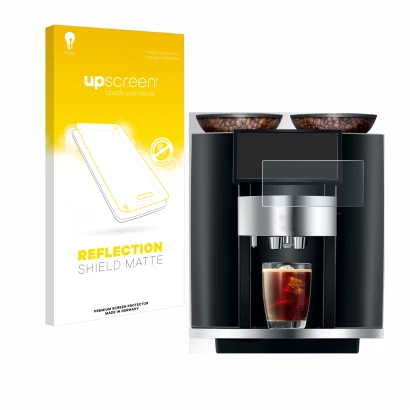 Face avant d’un emballage produit avec le logo de la marque upscreen. À côté, l’appareil Jura Giga 10 est représenté avec la p