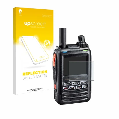 Face avant d’un emballage produit avec le logo de la marque upscreen. À côté, l’appareil Yaesu FT-5DE/DR est représenté avec l