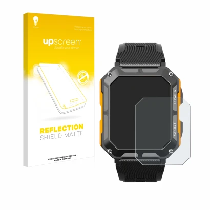 Face avant d’un emballage produit avec le logo de la marque upscreen. À côté, l’appareil Njord Gear The Indestructible Smartwa