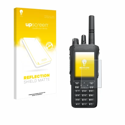 Face avant d’un emballage produit avec le logo de la marque upscreen. À côté, l’appareil Motorola Mototrbo R7 est représenté a