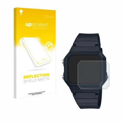 Face avant d’un emballage produit avec le logo de la marque upscreen. À côté, l’appareil Casio W-217H-1AVCF est représenté ave