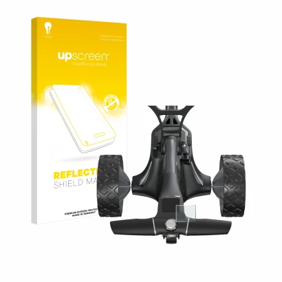 Face avant d’un emballage produit avec le logo de la marque upscreen. À côté, l’appareil Motocaddy M7 GPS Electric Trolley est