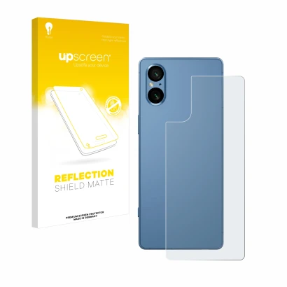 Face avant d’un emballage produit avec le logo de la marque upscreen. À côté, l’appareil Sony Xperia 5 V (Arrière) est représe