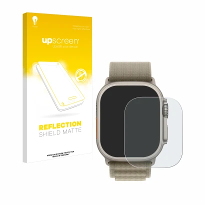 Face avant d’un emballage produit avec le logo de la marque upscreen. À côté, l’appareil Apple Watch Ultra 2 (49 mm) est repré