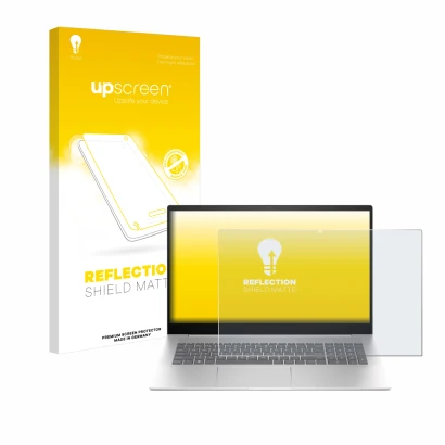 Face avant d’un emballage produit avec le logo de la marque upscreen. À côté, l’appareil HP Envy 17-cw0000 est représenté avec