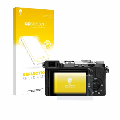 Face avant d’un emballage produit avec le logo de la marque upscreen. À côté, l’appareil Sony Alpha 7C II (ILCE-7CM2) est repr