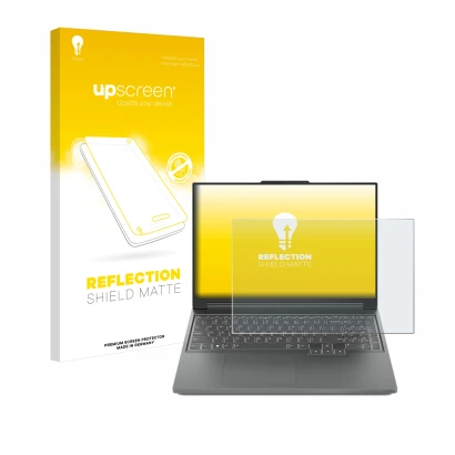 Face avant d’un emballage produit avec le logo de la marque upscreen. À côté, l’appareil Lenovo Legion Slim 5 14 est représent