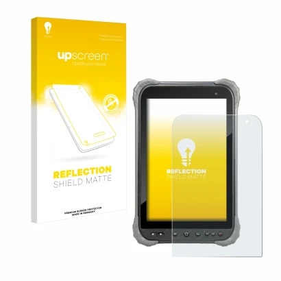 Face avant d’un emballage produit avec le logo de la marque upscreen. À côté, l’appareil Juniper Systems Cedar CT8X2 est repré