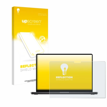 Face avant d’un emballage produit avec le logo de la marque upscreen. À côté, l’appareil Apple MacBook Pro 14