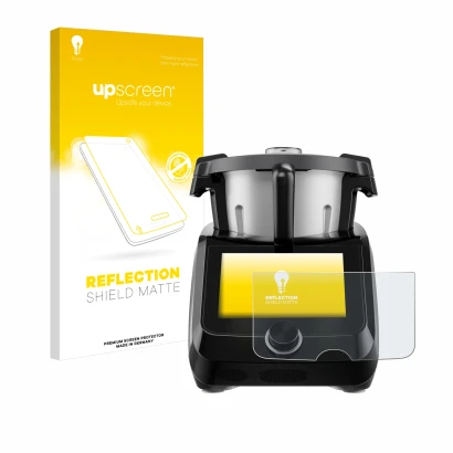 Face avant d’un emballage produit avec le logo de la marque upscreen. À côté, l’appareil SilverCrest Monsieur Cuisine Smart BL