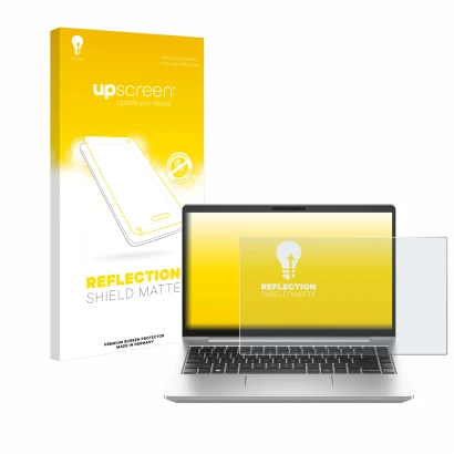 Face avant d’un emballage produit avec le logo de la marque upscreen. À côté, l’appareil HP ProBook 445 G10 est représenté ave