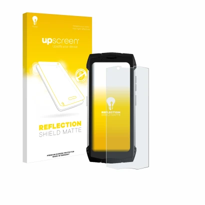 Face avant d’un emballage produit avec le logo de la marque upscreen. À côté, l’appareil Doogee S Mini est représenté avec la 