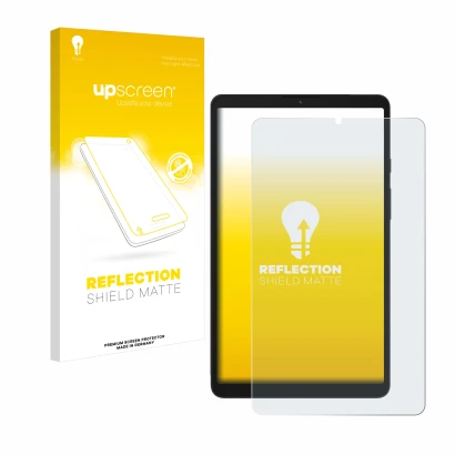 Face avant d’un emballage produit avec le logo de la marque upscreen. À côté, l’appareil Samsung Galaxy Tab A9 WiFi est représ