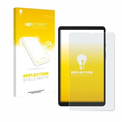 Face avant d’un emballage produit avec le logo de la marque upscreen. À côté, l’appareil Samsung Galaxy Tab A9 LTE est représe
