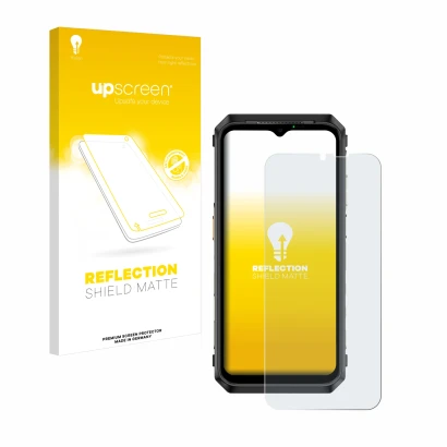 Face avant d’un emballage produit avec le logo de la marque upscreen. À côté, l’appareil Ulefone Power Armor 18T Ultra est rep