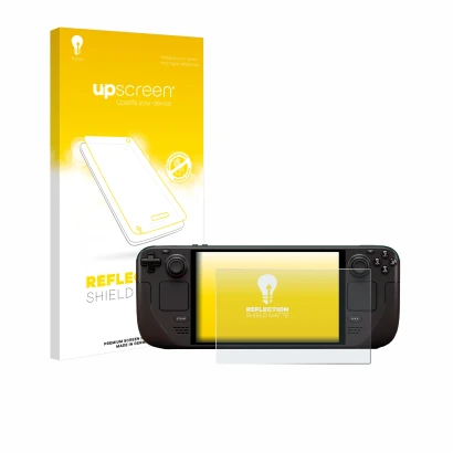 Face avant d’un emballage produit avec le logo de la marque upscreen. À côté, l’appareil Valve Steam Deck OLED est représenté