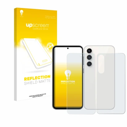 Face avant d’un emballage produit avec le logo de la marque upscreen. À côté, l’appareil Samsung Galaxy S23 FE (Avant+Arrière)