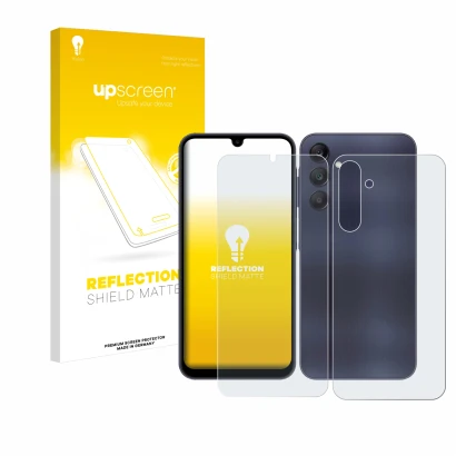 Face avant d’un emballage produit avec le logo de la marque upscreen. À côté, l’appareil Samsung Galaxy A25 5G (Avant+Arrière)