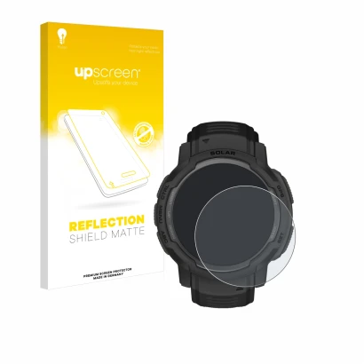 Face avant d’un emballage produit avec le logo de la marque upscreen. À côté, l’appareil Garmin Instinct Crossover AMOLED est 