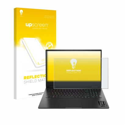 Face avant d’un emballage produit avec le logo de la marque upscreen. À côté, l’appareil HP Omen 16 2024 est représenté avec l