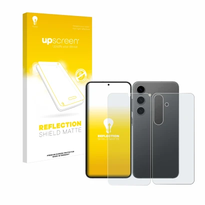 Face avant d’un emballage produit avec le logo de la marque upscreen. À côté, l’appareil Samsung Galaxy S24 Plus (Avant+Arrièr