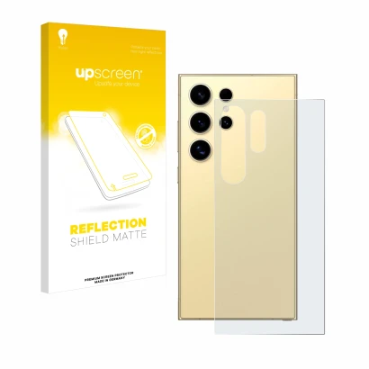 Face avant d’un emballage produit avec le logo de la marque upscreen. À côté, l’appareil Samsung Galaxy S24 Ultra (Arrière) es