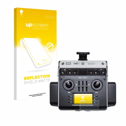 Face avant d’un emballage produit avec le logo de la marque upscreen. À côté, l’appareil Graupner MC-32ex est représenté avec