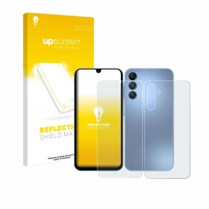 Face avant d’un emballage produit avec le logo de la marque upscreen. À côté, l’appareil Samsung Galaxy A15 (Avant+Arrière) es