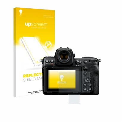Face avant d’un emballage produit avec le logo de la marque upscreen. À côté, l’appareil Nikon Z 8 (Affichage + affichage des 
