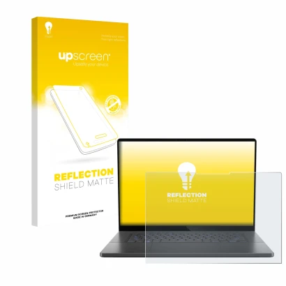 Face avant d’un emballage produit avec le logo de la marque upscreen. À côté, l’appareil ASUS ROG Zephyrus G16 2024 est représ