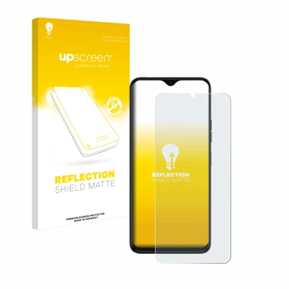 Face avant d’un emballage produit avec le logo de la marque upscreen. À côté, l’appareil Tecno Spark 10 5G est représenté avec