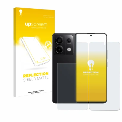 Face avant d’un emballage produit avec le logo de la marque upscreen. À côté, l’appareil Xiaomi Redmi Note 13 Pro 5G (Avant+Ar