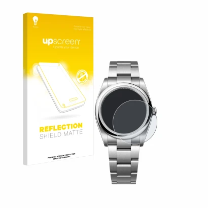 Face avant d’un emballage produit avec le logo de la marque upscreen. À côté, l’appareil Rolex Oyster Perpetual 36 est représe