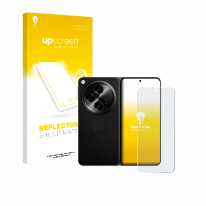 Face avant d’un emballage produit avec le logo de la marque upscreen. À côté, l’appareil OnePlus Open (case-friendly) est repr