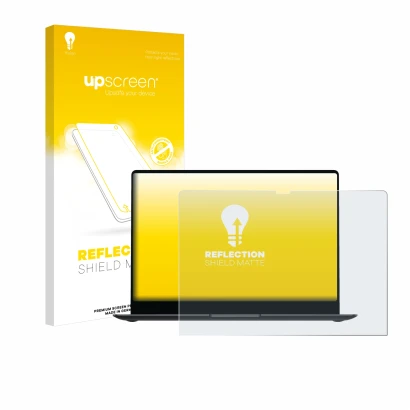 Face avant d’un emballage produit avec le logo de la marque upscreen. À côté, l’appareil Samsung Galaxy Book4 Pro 14" est repr