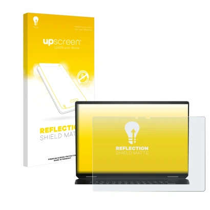Face avant d’un emballage produit avec le logo de la marque upscreen. À côté, l’appareil HP Spectre x360 16