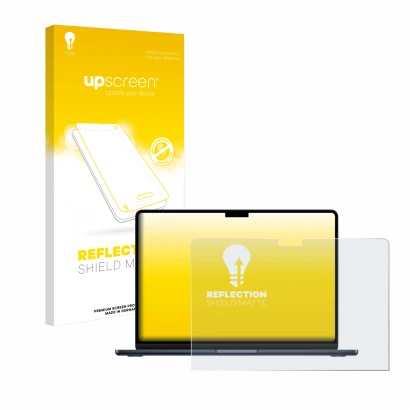 Face avant d’un emballage produit avec le logo de la marque upscreen. À côté, l’appareil Apple MacBook Air 13