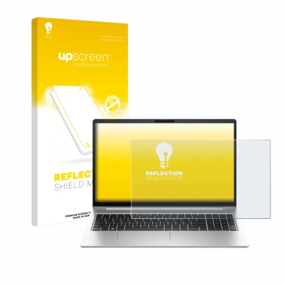 Face avant d’un emballage produit avec le logo de la marque upscreen. À côté, l’appareil HP EliteBook 640 G10 est représenté a
