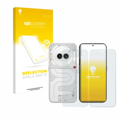 Face avant d’un emballage produit avec le logo de la marque upscreen. À côté, l’appareil Nothing Phone (2a) (Avant+Arrière) es