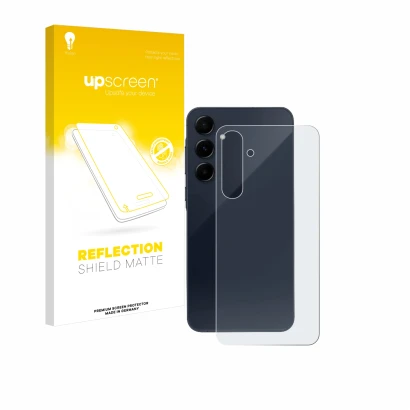 Face avant d’un emballage produit avec le logo de la marque upscreen. À côté, l’appareil Samsung Galaxy A55 5G (Arrière) est r