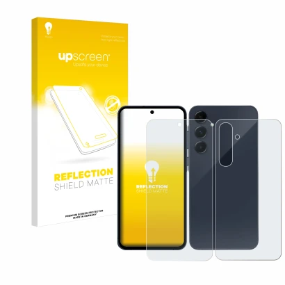 Face avant d’un emballage produit avec le logo de la marque upscreen. À côté, l’appareil Samsung Galaxy A55 5G (Avant+Arrière)
