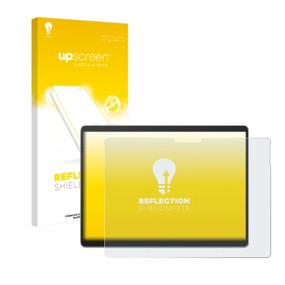 Face avant d’un emballage produit avec le logo de la marque upscreen. À côté, l’appareil Microsoft Surface Pro 10 est représen