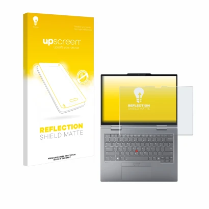 Face avant d’un emballage produit avec le logo de la marque upscreen. À côté, l’appareil Lenovo ThinkPad X1 2-in-1 Gen 9 14" e