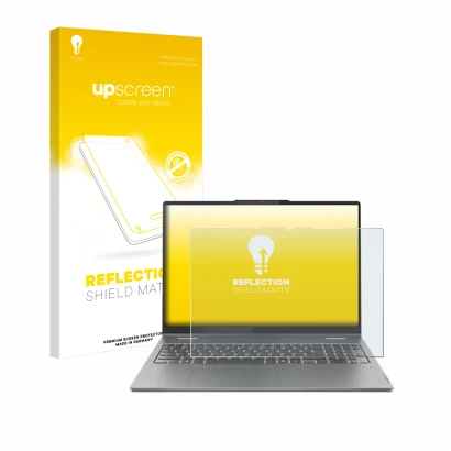 Face avant d’un emballage produit avec le logo de la marque upscreen. À côté, l’appareil Lenovo IdeaPad 5 2-in-1 Gen 9 16" est