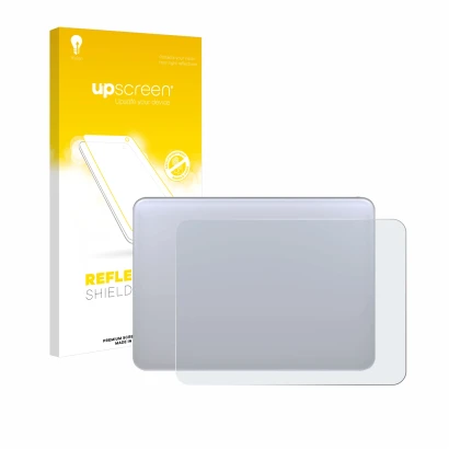 Face avant d’un emballage produit avec le logo de la marque upscreen. À côté, l’appareil Apple Magic 3 (Touch Trackpad) est re