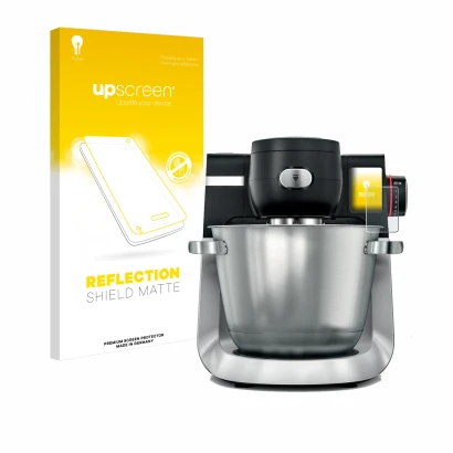 Face avant d’un emballage produit avec le logo de la marque upscreen. À côté, l’appareil Bosch MUM Serie 6 est représenté avec