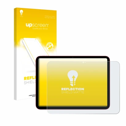 Face avant d’un emballage produit avec le logo de la marque upscreen. À côté, l’appareil Apple iPad 10.9" 2022 (10ème Gen.) es